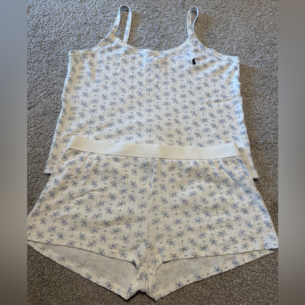 Ralph Lauren White & Light Blue Floral Cotton Cami and Shorts Sleep Set - L